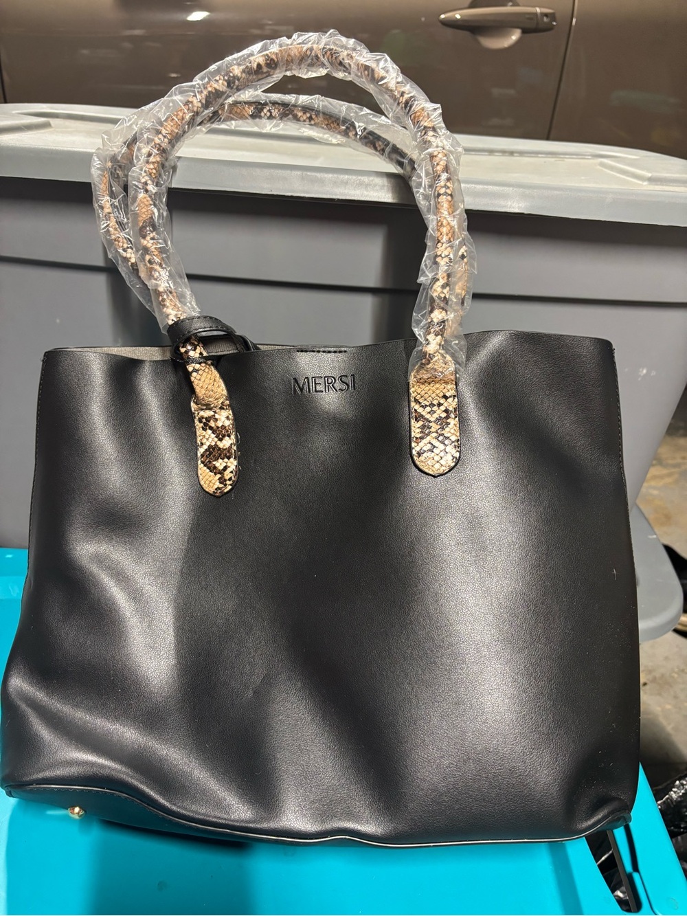 MERSI Black Tote with Snake-Print Handle Accents
